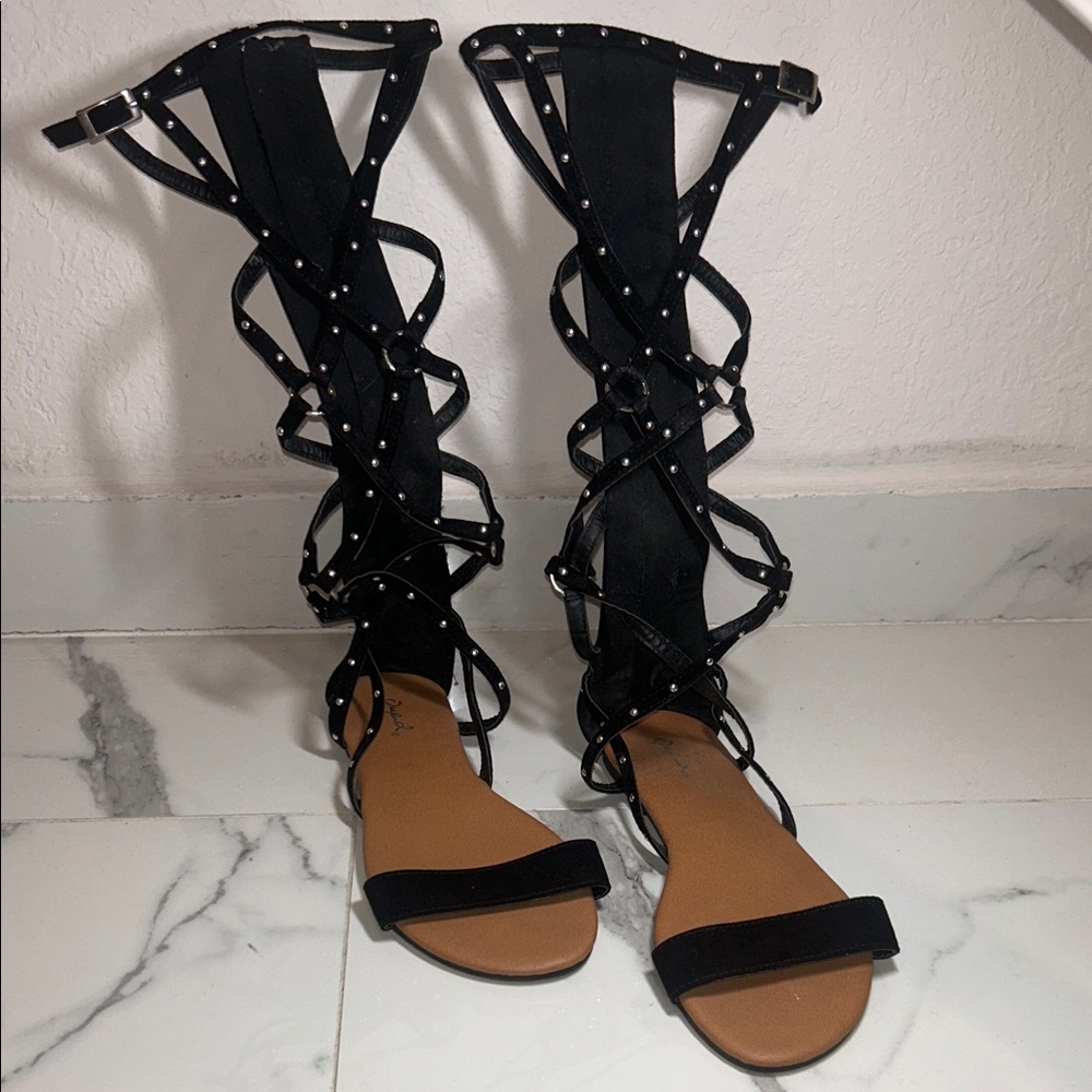 Black Gladiator Knee-High Studded Sandals
